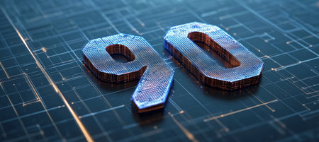 Large Glowing 3D Number 90 on a Futuristic Digital Technology Circuit Board Backgroundの素材