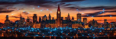 Parliament Hill, Ottawa, Canada, Connected by Digital Network at Sunset, Technology Conceptの素材