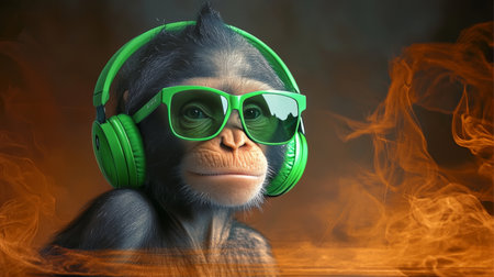 Cool Neon Party Chimpanzee DJ with Green Headphones and Sunglasses Enveloped in Smokeの素材