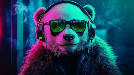 Neon Party Animal Cool Panda DJ Wearing Headphones and Sunglasses, Immersed in Vibrant Nightlife.の素材