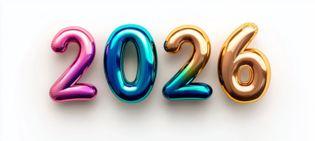 Colored Metallic Number Balloons 2026. Happy New Year 2026 Concept on White Backgroundの素材