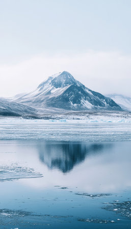 Tranquil Winter Landscape Serene Glacial Lake Mirroring Majestic Snowy Mountain, Icelandの素材