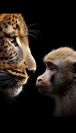 Leopard and Baboon Face-Off A Study in Contrast., Wildlife Portrait, Black Backgroundの素材