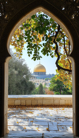 Golden Dome of the Rock Shrine Framed by Ornate Arch and Vibrant Autumn Foliage, Jerusalem, Israelの素材