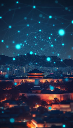 Traditional Asian Architecture Illuminated by Digital Network, Connectivity and Technology Conceptの素材