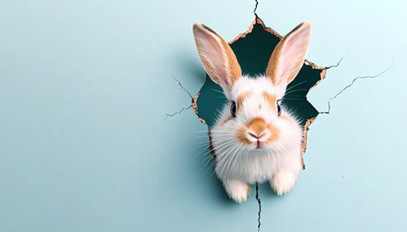 Curious Bunny Peeking Through Hole, Adorable Pet Rabbit Emerging Through Torn Backgroundの素材