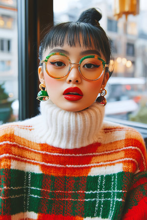 Stylish Asian Woman in Colorful Winter Outfit and Trendy Accessories in a Cafe Settingの素材