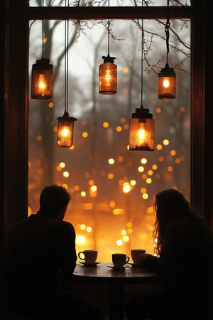 Cozy Coffee Shop Ambiance Silhouettes, Warm Lighting, and Rainy Evening Reflections.の素材
