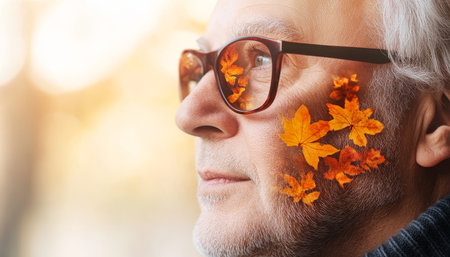 Senior Man Autumn Leaves Reflection in Glasses, Peaceful Contemplation, and Golden Years Concept.の素材