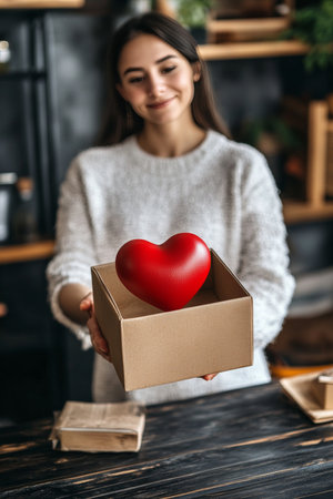 Volunteer Holding Open Cardboard Box With Red Heart, Charity, Support, Donation Concept.の素材