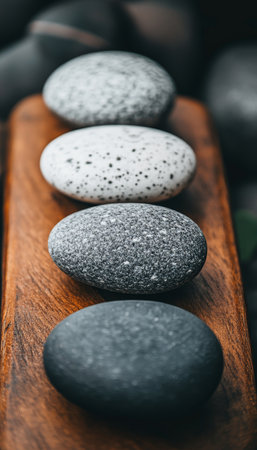 Smooth Grey and White Pebbles, Detailed Textures, Soft Lighting, Natural Materials, Outdoor Spa, Zenの素材