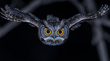 Flying Owl Nocturnal Raptor in Flight With Piercing Eyes Isolated on Black Backgroundの素材
