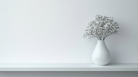 Minimal White Still Life, White Flowers in Vase on Shelf, Neutral Colors, Home Decor, Simplicityの素材