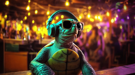 Cool Turtle DJ with Headphones and Sunglasses Spinning Tracks at a Neon-Lit Nightclub Partyの素材