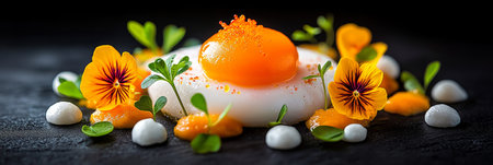Gourmet Egg Yolk Dish. Artistic Overhead with Herbs, Puree, Culinary Art, Food Photographyの素材