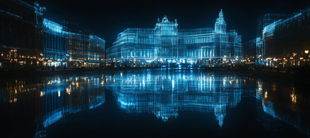 Digital Cityscape Historic Building in Neon Outline, Urban Night Lights Reflected in Waterの素材