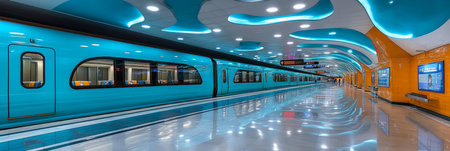 Modern, Futuristic, and Vibrant Blue Subway Train Station Interior With Reflective Floorsの素材