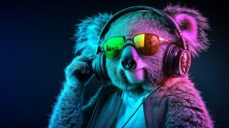 Neon Party Koala DJ. A Cool Koala with Headphones and Sunglasses Embraces the 80s Disco Style.の素材