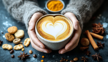Warmth and Comfort Aromatic Latte with Intricate Heart Design, Surrounded by Spices and Treatsの素材