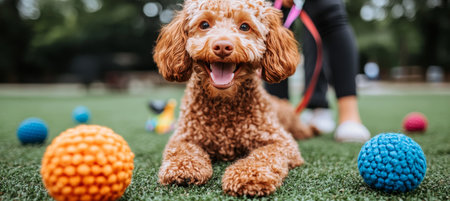 Adorable Poodle Puppy Enjoys Playtime in Park, Surrounded by Colorful Toys on Green Turf.の素材