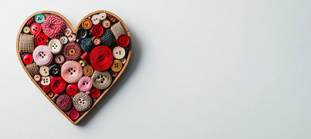 Sewing Accessories Arranged in Heart Shape on Clean Background, Craft Buttons and Threadの素材