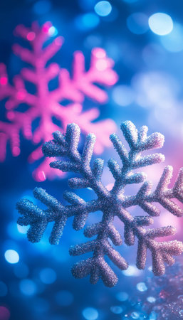 Festive Snowflakes, Pink And Silver Against Blue Bokeh Gradient, Magical Winter Holidaysの素材
