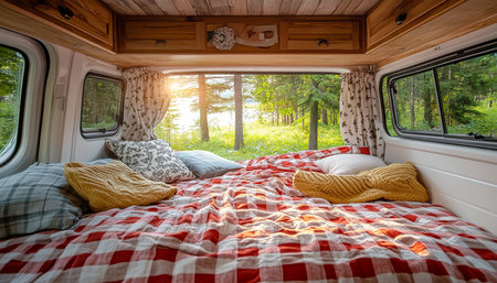 Cozy Campervan Bedroom, Ready for Family Adventures, Warm Light, Space for Text Overlayの素材