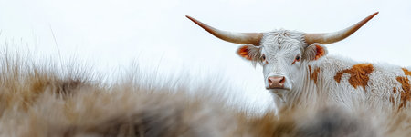 Portrait of a Majestic White Bull with Long Horns, Serene in a Golden Grassy Field on a Cloudy Dayの素材