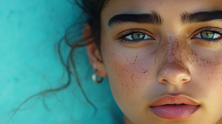 Portrait of a Woman with Freckles and Expressive Eyes against a Turquoise Background.の素材