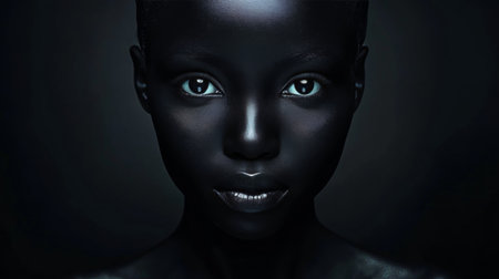 Portrait of a Woman with Glossy Black Makeup, Dramatic Lighting, and Isolated on Black Backgroundの素材