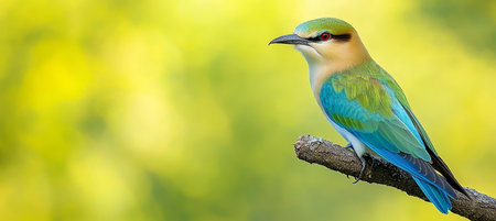 Vibrant Rainbow Bee-Eater Perched - Colorful Bird Portrait on Blurry Green Yellow Backgroundの素材