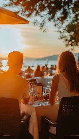 Romantic Sunset Dinner Couple Enjoys Intimate Waterfront Meal With Stunning Ocean Viewの素材