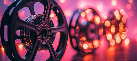 Film Reels, Glowing Bokeh, and the Magic of Cinema A Vibrant Background for Entertainmentの素材
