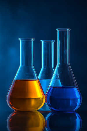 Laboratory Research and Experimentation Erlenmeyer Flasks Filled with Colorful Chemical Solutionsの素材