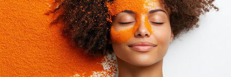 Serene Woman with Curly Hair Embraces Wellness, Relaxed with Orange Skincare Treatment, Isolatedの素材