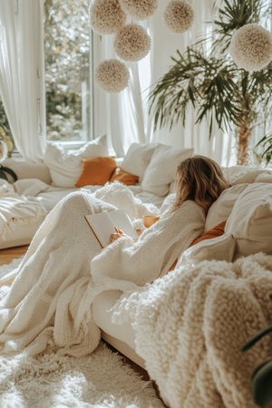 Cozy Comfort Woman Enjoys Quiet Moment of Self-Care with Journal in Sun-Drenched Roomの素材
