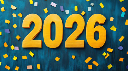 Festive Blue Background Decorated with Colorful Confetti and Year 2026 in Bold Yellow Numbersの素材