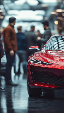 Luxury Sports Car Unveiling Potential Buyers Admire Sleek Design at Dealership Eventの素材
