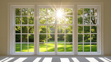 Sunny Outlook. Sunlight Fills Room Through a Clean Window. Trees Garden Grass in the Backgroundの素材