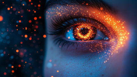 Eye of Technology Futuristic Vision With Digital Particles Emitting Warm, Glowing Lightの素材