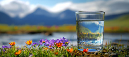 Glass Of Water Refreshing In Wildflower Meadow, With Blurred Mountains. Area For Textの素材