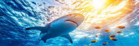 Majestic Whale Shark Soaking Up Tropical Sunlight While Swimming with School of Fish.の素材
