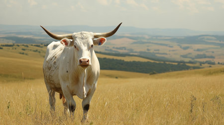 Majestic White Bull with Long Horns in Golden Meadow, Serene Countryside, Farming and Livestockの素材