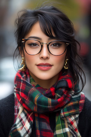 Young Woman with Glasses and a Plaid Scarf Posing Outdoors in Fall Fashion, Stylish Urban Lookの素材