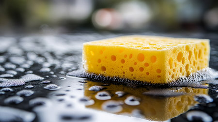 Car Wash Sponge Close-Up of Yellow Sponge on Wet Surface, Ideal for Automotive Detailing Themesの素材