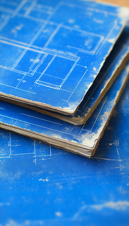 Blueprints of Architectural Designs, Stacked Blueprints, Construction Planning Documents.の素材