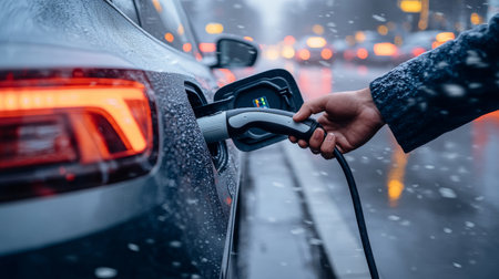 Electric Vehicle Charging in Winter Cityscape Sustainable Transportation in Urban Environmentの素材
