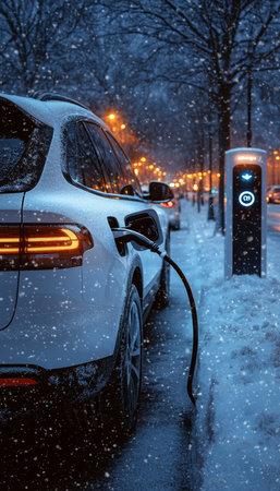 Electric Car Charging in Winter City. Snowy Night, Street Lights, and EV Charging Stationの素材