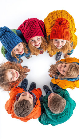 Circle of Joy Happy Children Laughter, Friendship, and Fun in Winter Clothing on White Backgroundの素材
