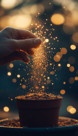 Golden Hour Gardening A Hand Sows Seeds in Potted Plant, Creating a Shower of Light and Dust.の素材